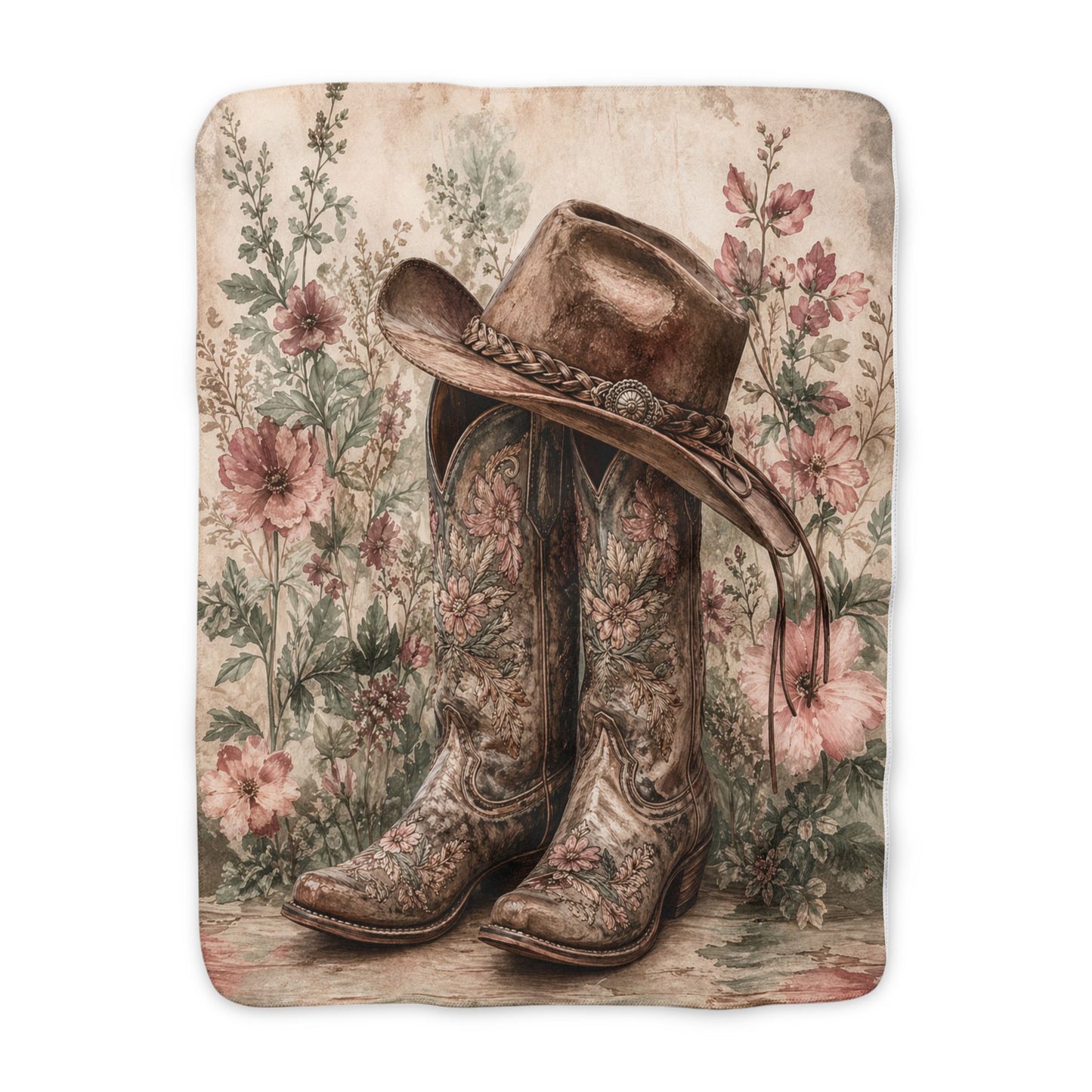Cowboy Boots & Hat Sherpa Blanket — Vintage Floral Western Fleece Throw