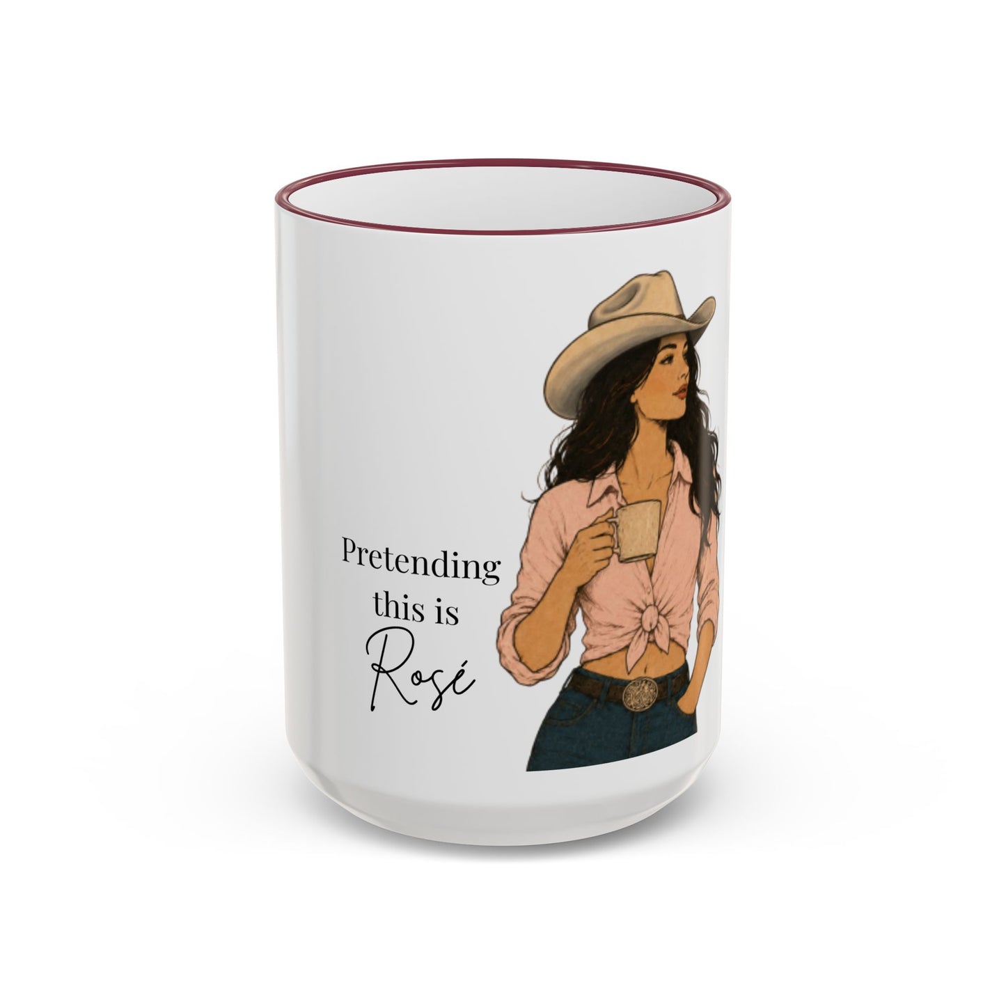 Cowgirl Coffee Mug – “Pretending this is Rosé” Accent Rim & Handle Ceramic Mug