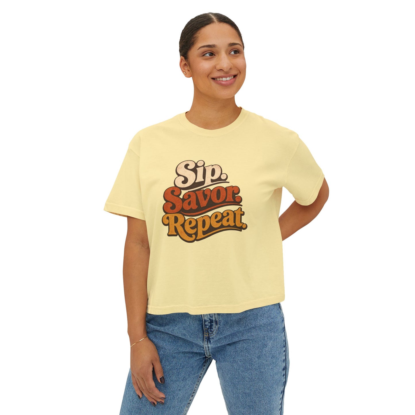 Sip Savor Repeat Boxy Tee | Retro Wine Lover Shirt | Texas Wine Country Tee