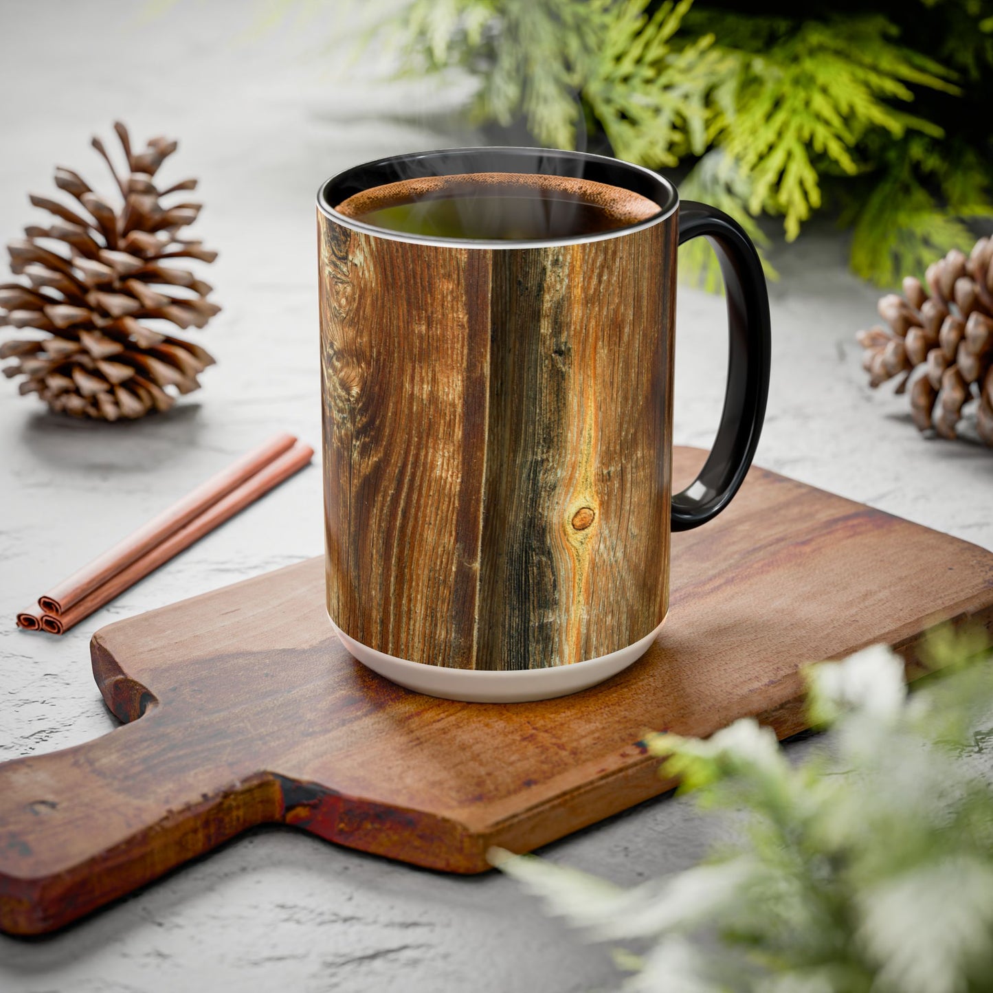 Rustic Wood Grain Coffee Mug — Cozy Cabin 11oz & 15oz (Room for Cream)