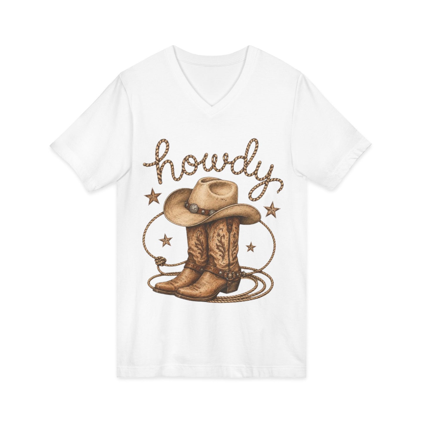 Howdy Cowboy V-Neck Tee — Western Boots & Hat Graphic