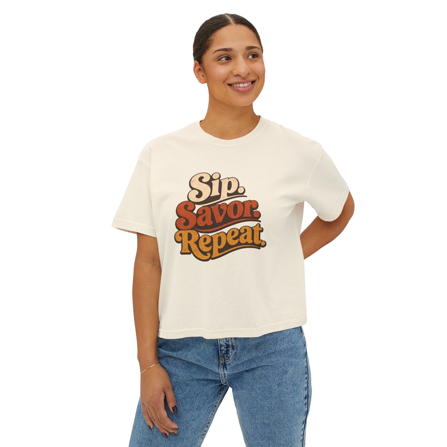 Sip Savor Repeat Boxy Tee | Retro Wine Lover Shirt | Texas Wine Country Tee