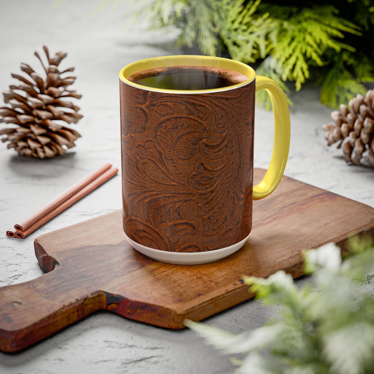 Rustic Tooled Leather Pattern Mug — Brown Western Floral Coffee Cup (11oz/15oz)