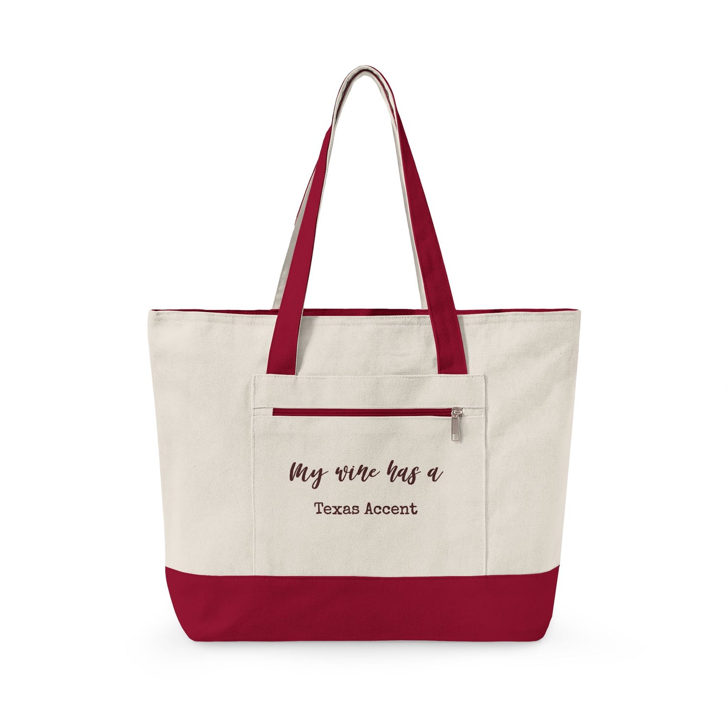 Canvas Tote Bag — Wine Splash 'My Wine Has a Texas Accent' Zippered Tote