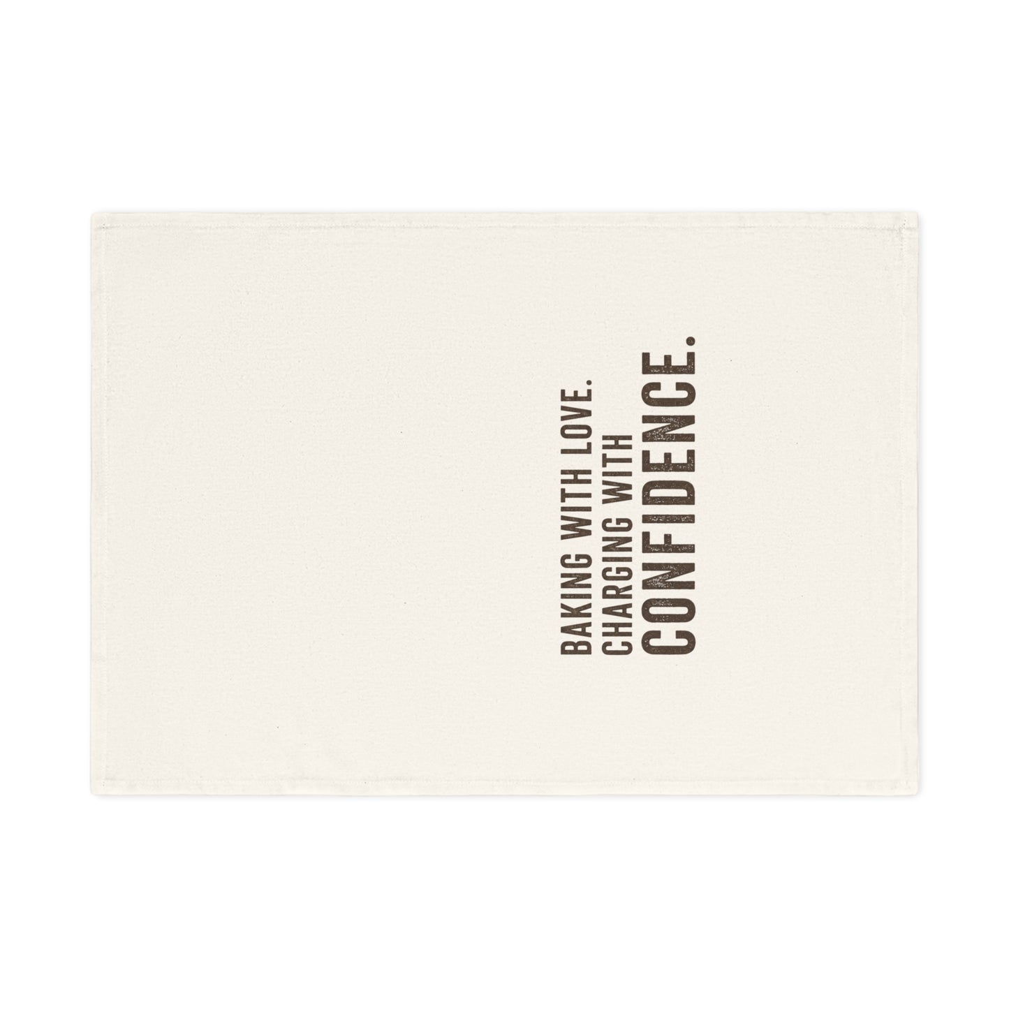 Tea Towel — "Baking with Love. Charging with Confidence." Cotton Kitchen Towel, Funny Baking Quote Gift for Bakers