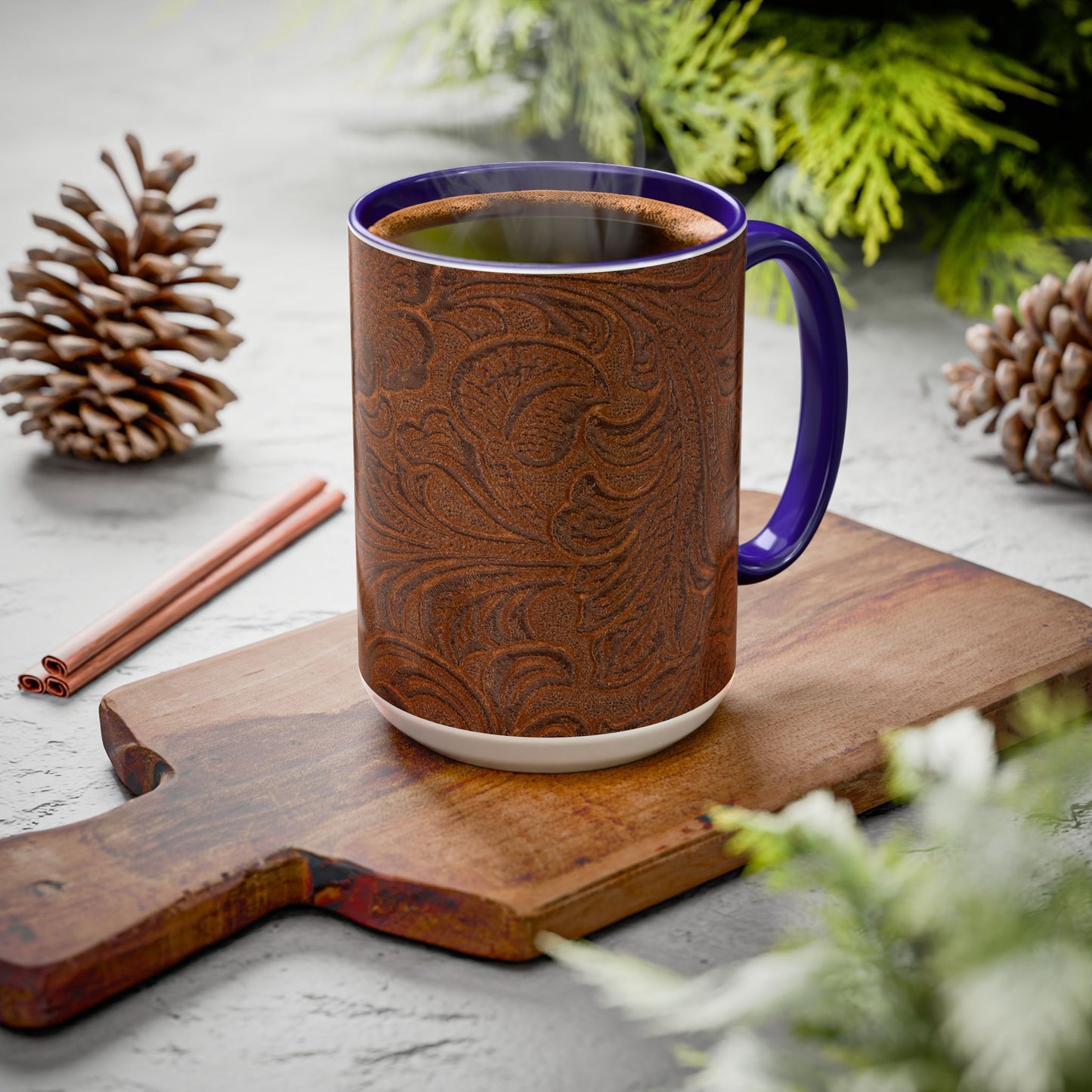 Rustic Tooled Leather Pattern Mug — Brown Western Floral Coffee Cup (11oz/15oz)