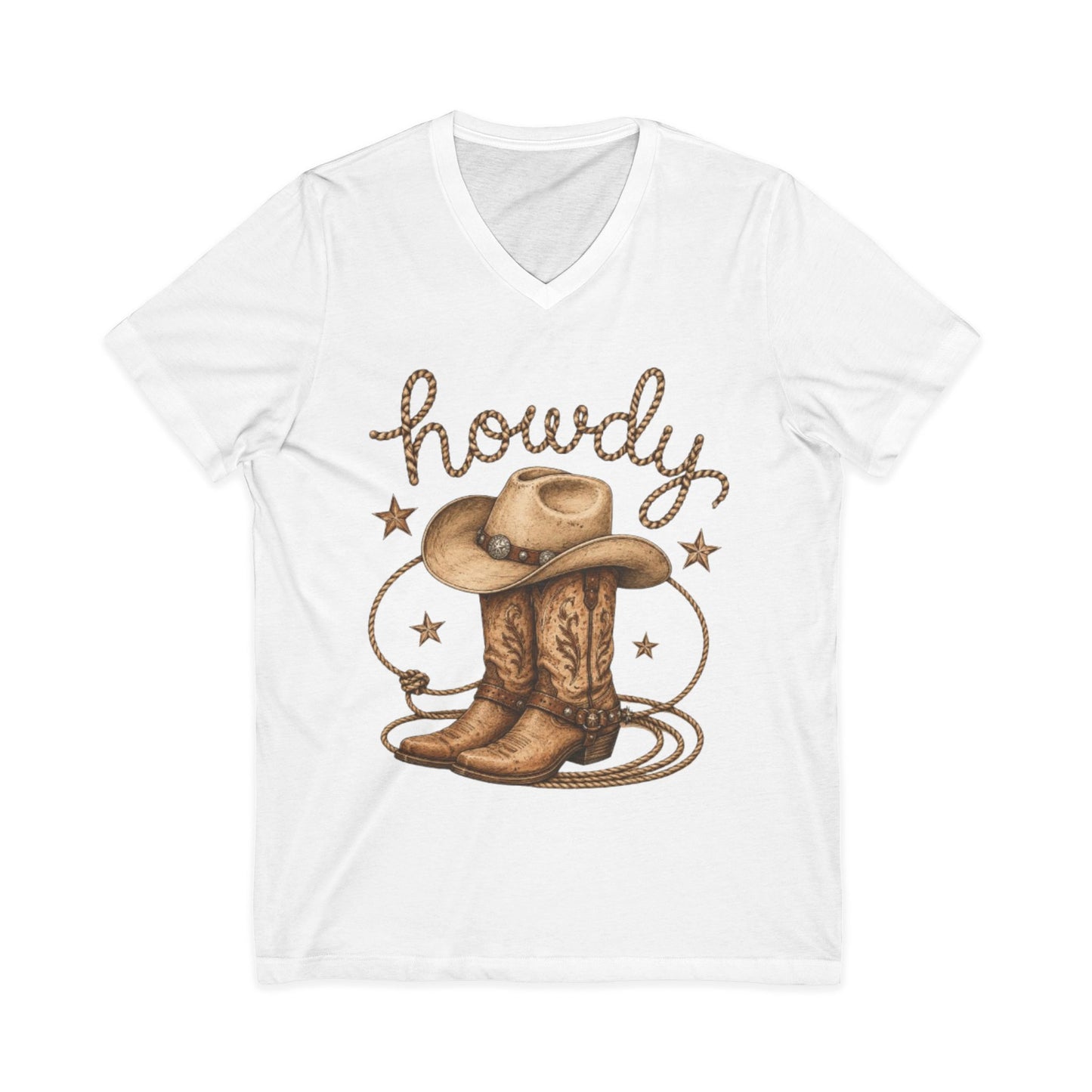 Howdy Cowboy V-Neck Tee — Western Boots & Hat Graphic