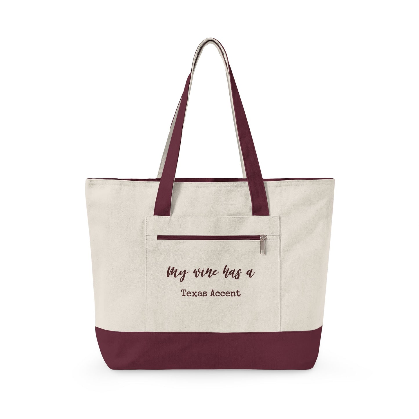 Canvas Tote Bag — Wine Splash 'My Wine Has a Texas Accent' Zippered Tote