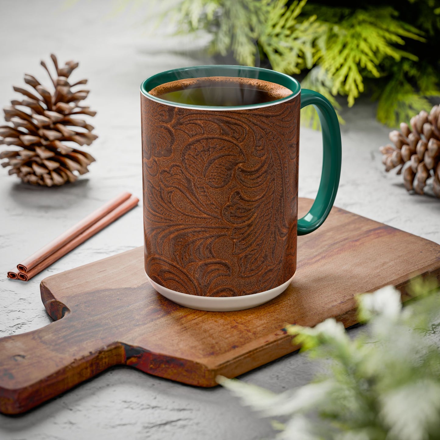 Rustic Tooled Leather Pattern Mug — Brown Western Floral Coffee Cup (11oz/15oz)