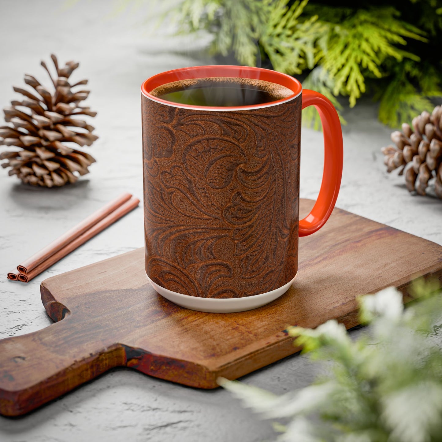 Rustic Tooled Leather Pattern Mug — Brown Western Floral Coffee Cup (11oz/15oz)