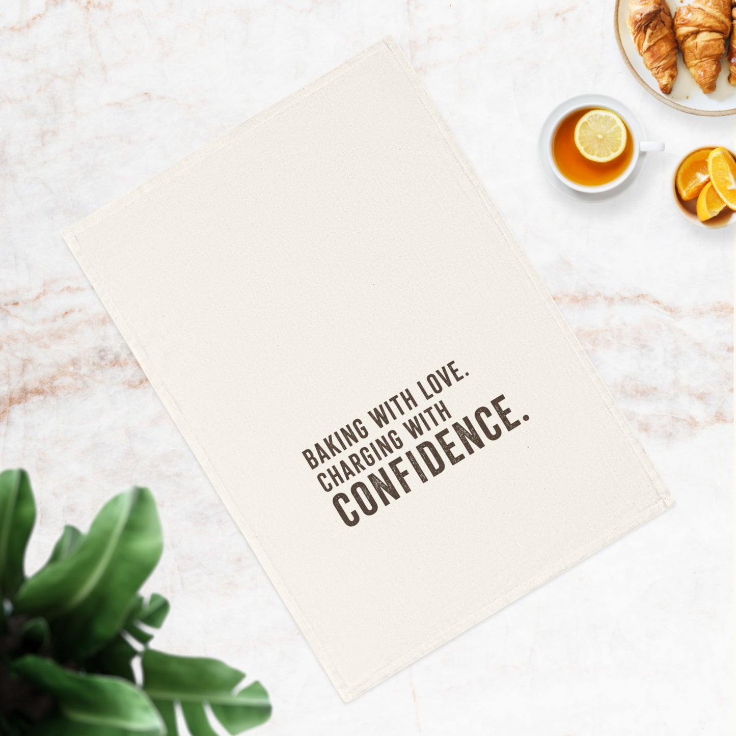 Tea Towel — "Baking with Love. Charging with Confidence." Cotton Kitchen Towel, Funny Baking Quote Gift for Bakers