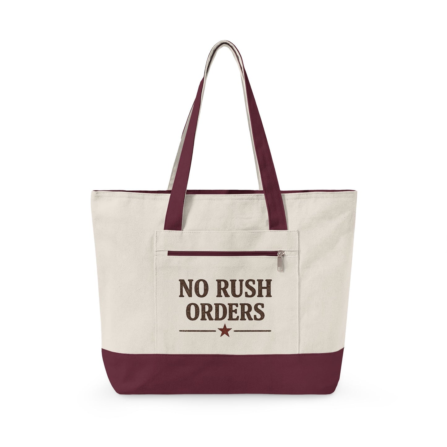 Canvas Tote Bag — "NO RUSH ORDERS" Rustic Star Zippered Tote