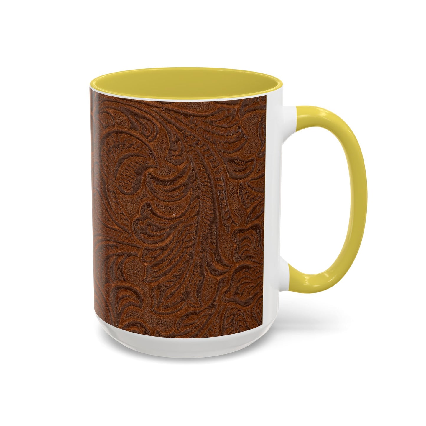 Rustic Tooled Leather Pattern Mug — Brown Western Floral Coffee Cup (11oz/15oz)
