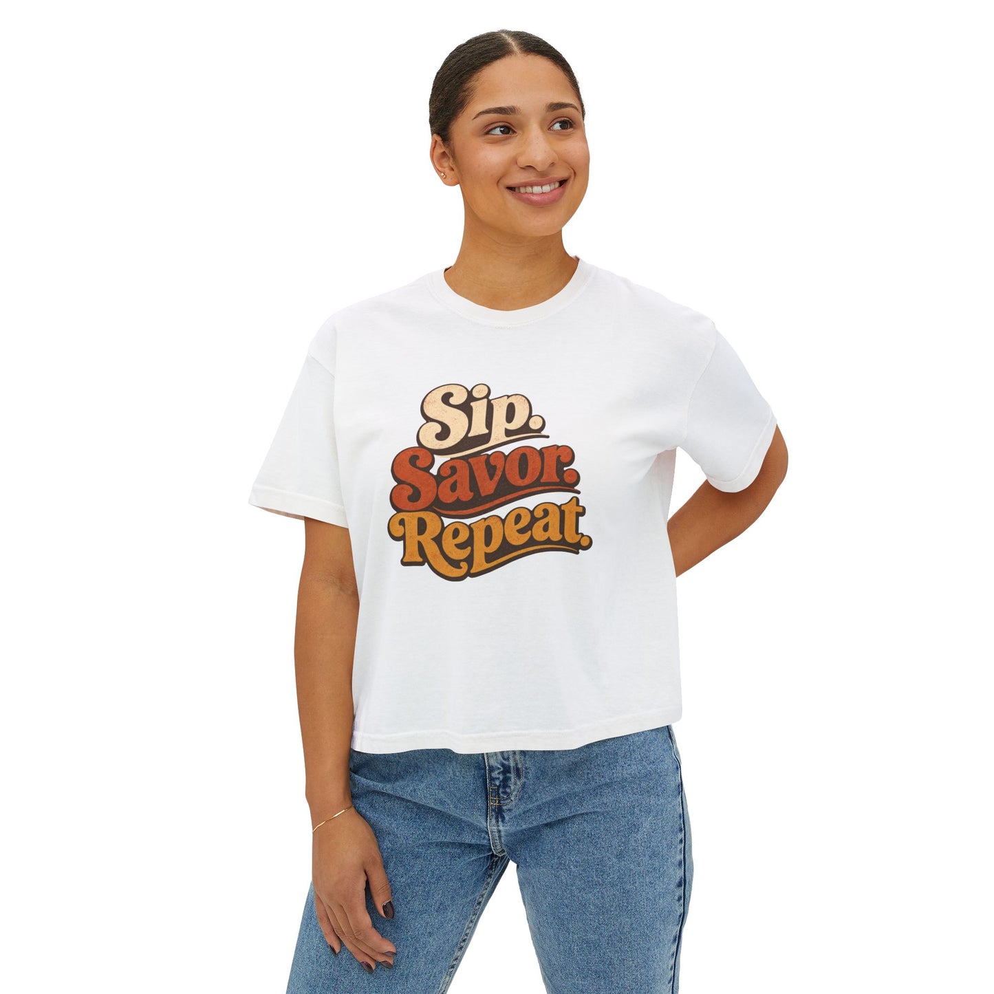 Sip Savor Repeat Boxy Tee | Retro Wine Lover Shirt | Texas Wine Country Tee