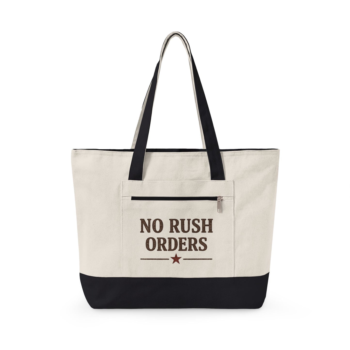 Canvas Tote Bag — "NO RUSH ORDERS" Rustic Star Zippered Tote