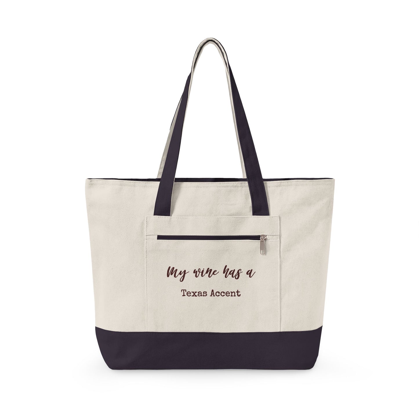 Canvas Tote Bag — Wine Splash 'My Wine Has a Texas Accent' Zippered Tote