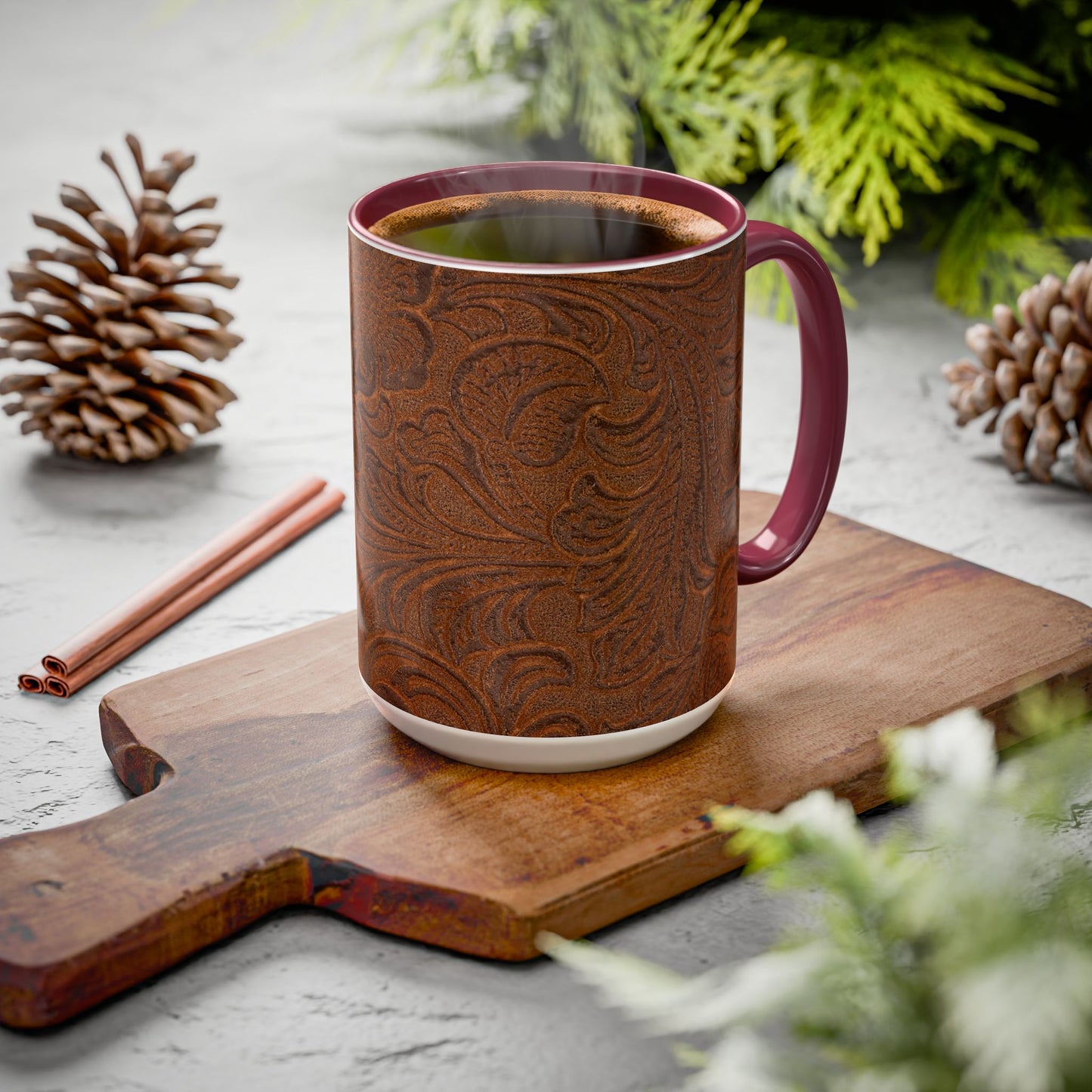 Rustic Tooled Leather Pattern Mug — Brown Western Floral Coffee Cup (11oz/15oz)