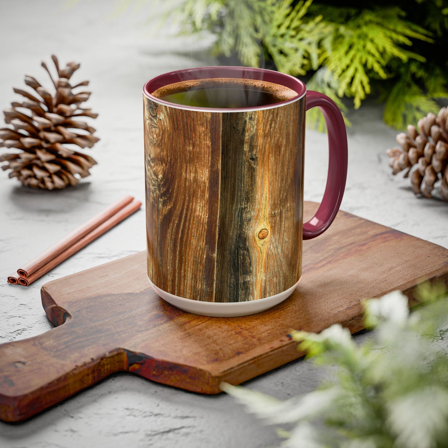 Rustic Wood Grain Coffee Mug — Cozy Cabin 11oz & 15oz (Room for Cream)