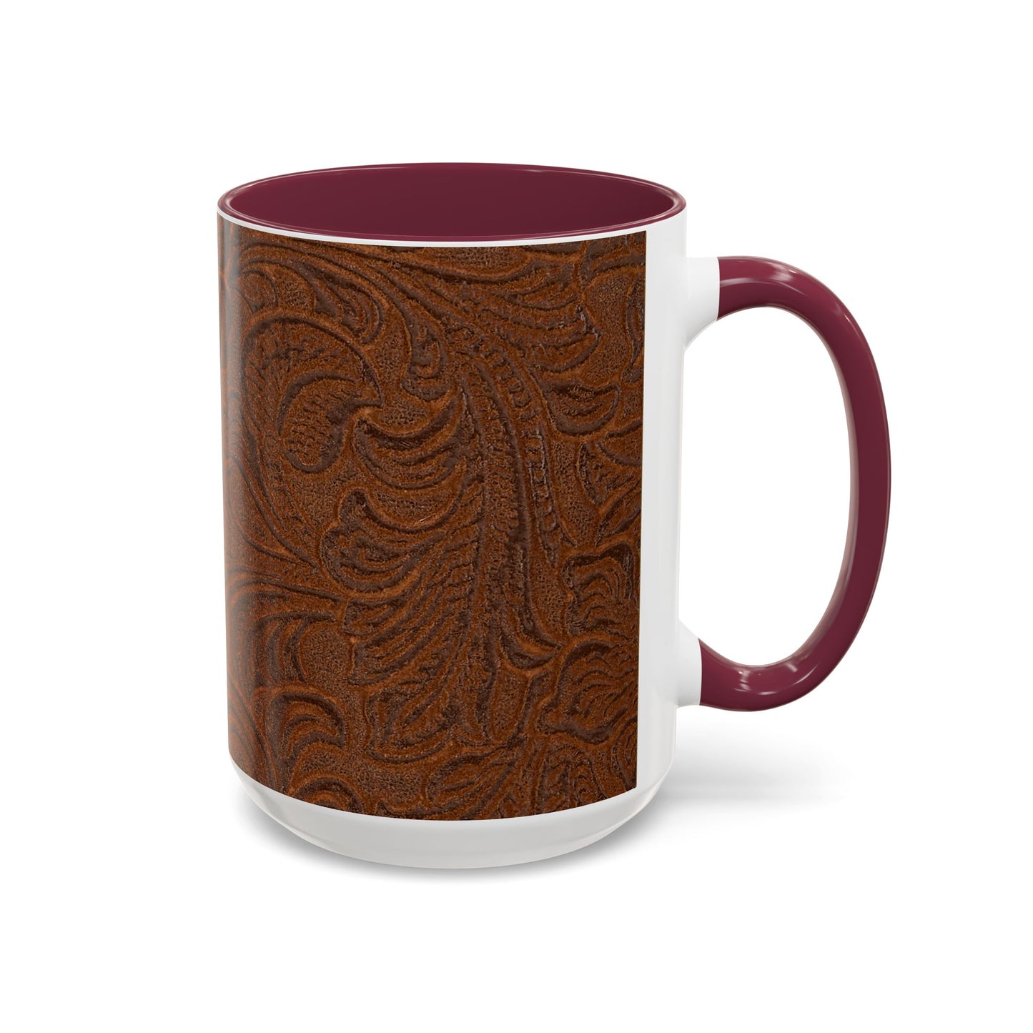 Rustic Tooled Leather Pattern Mug — Brown Western Floral Coffee Cup (11oz/15oz)