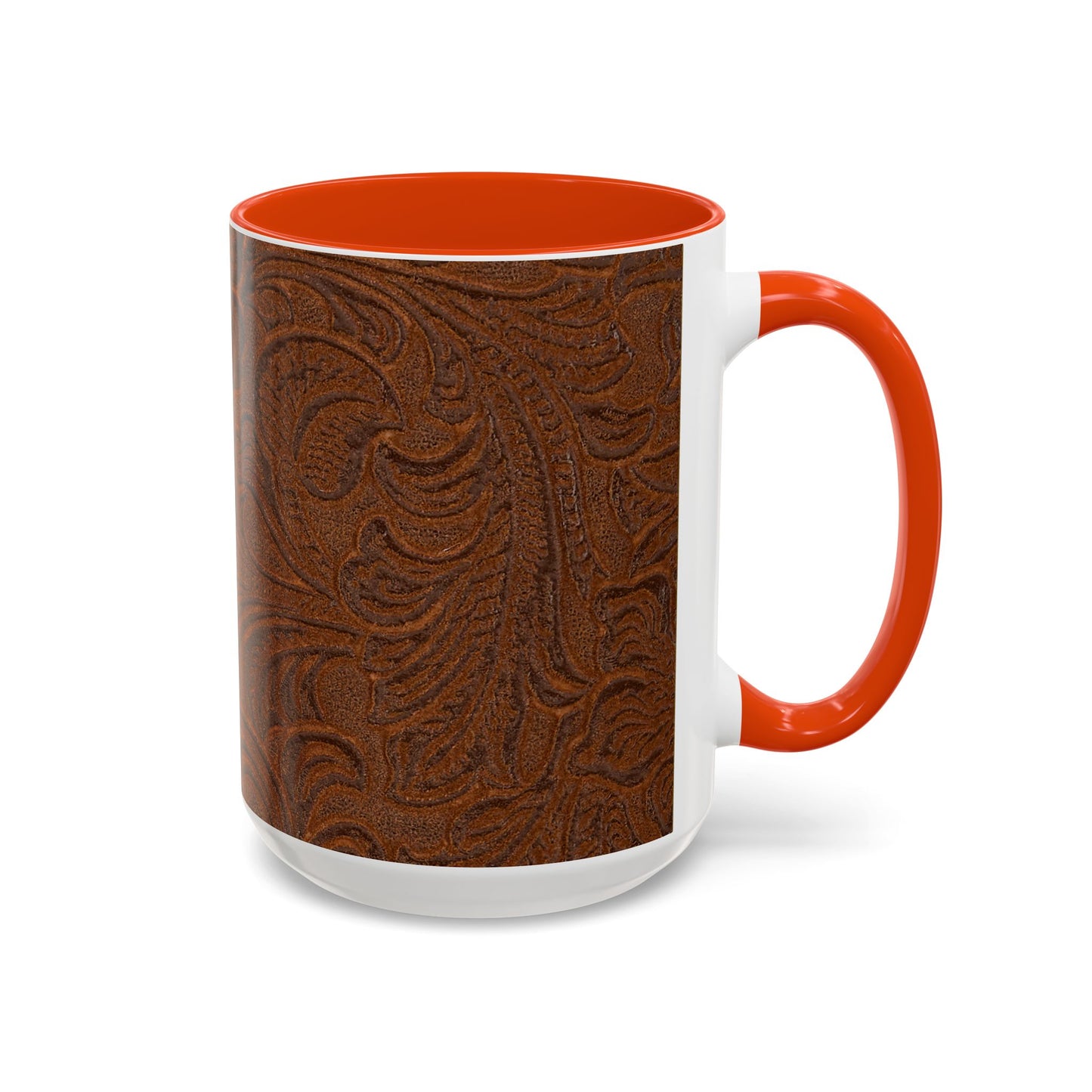 Rustic Tooled Leather Pattern Mug — Brown Western Floral Coffee Cup (11oz/15oz)