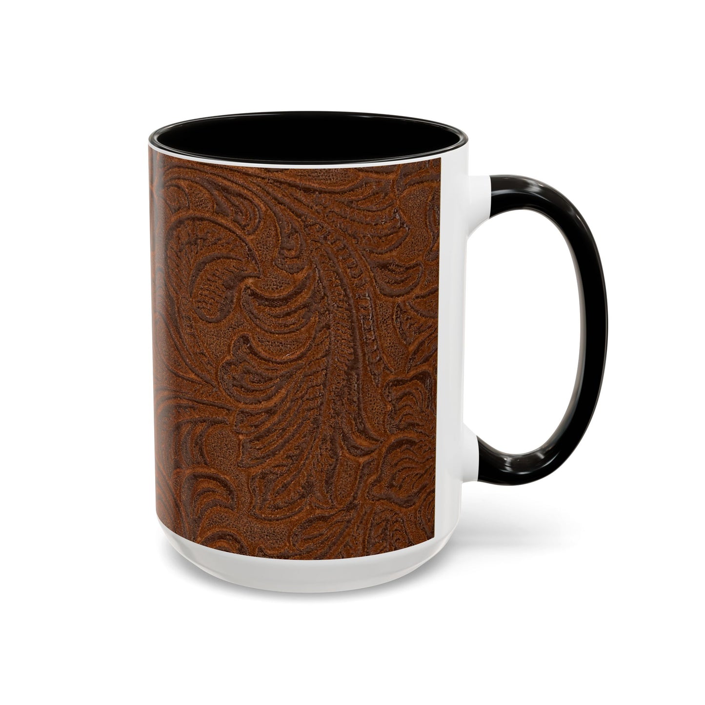 Rustic Tooled Leather Pattern Mug — Brown Western Floral Coffee Cup (11oz/15oz)