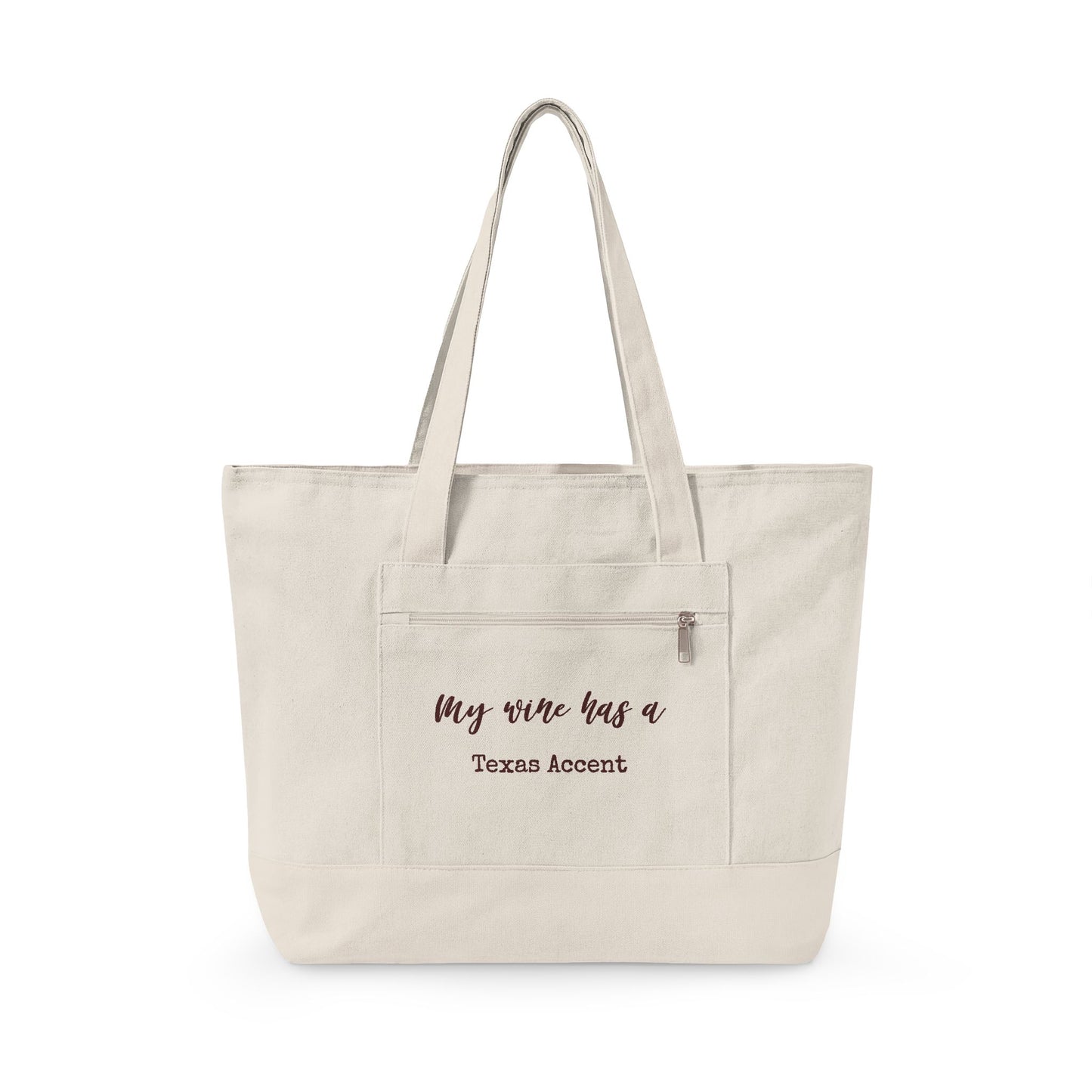 Canvas Tote Bag — Wine Splash 'My Wine Has a Texas Accent' Zippered Tote