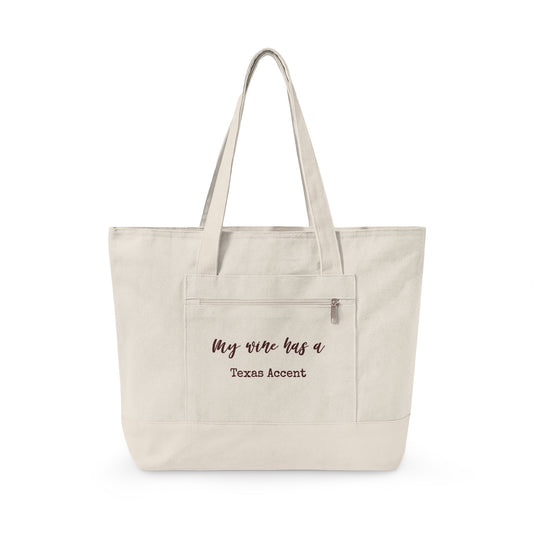 Canvas Tote Bag — Wine Splash 'My Wine Has a Texas Accent' Zippered Tote