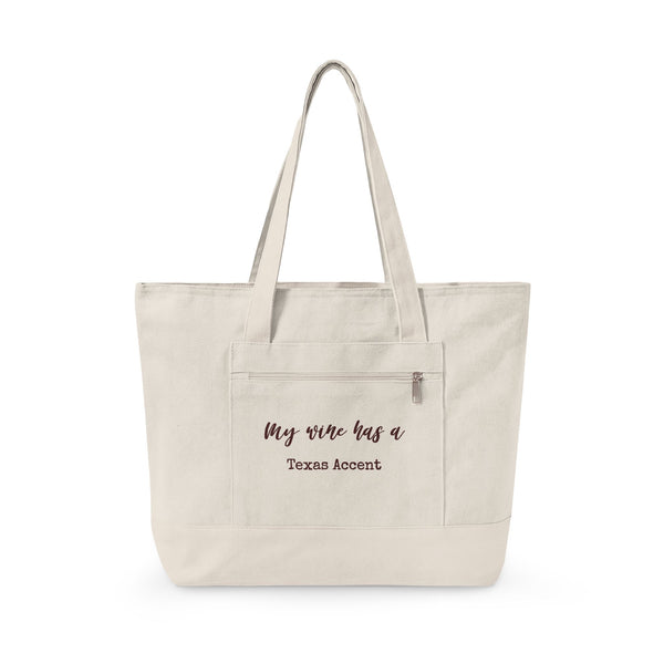 Canvas Tote Bag — Wine Splash 'My Wine Has a Texas Accent' Zippered Tote