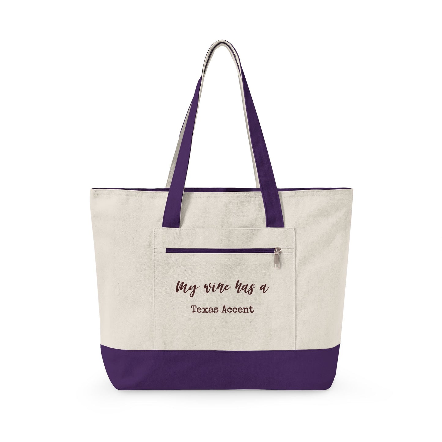 Canvas Tote Bag — Wine Splash 'My Wine Has a Texas Accent' Zippered Tote