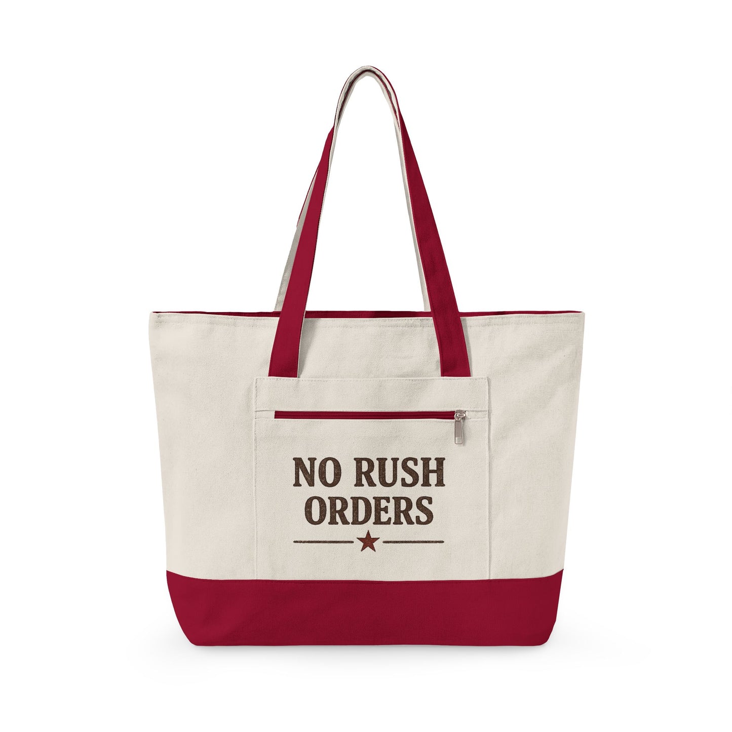 Canvas Tote Bag — "NO RUSH ORDERS" Rustic Star Zippered Tote