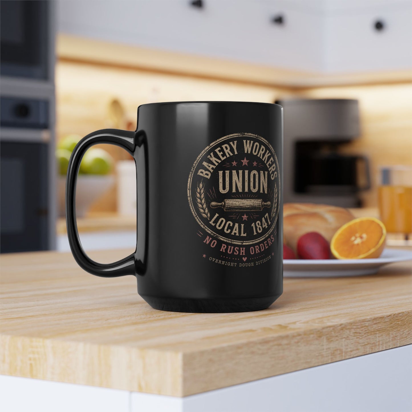 No Rush Orders Black 15oz Coffee Mug — Vintage Union Worker Design