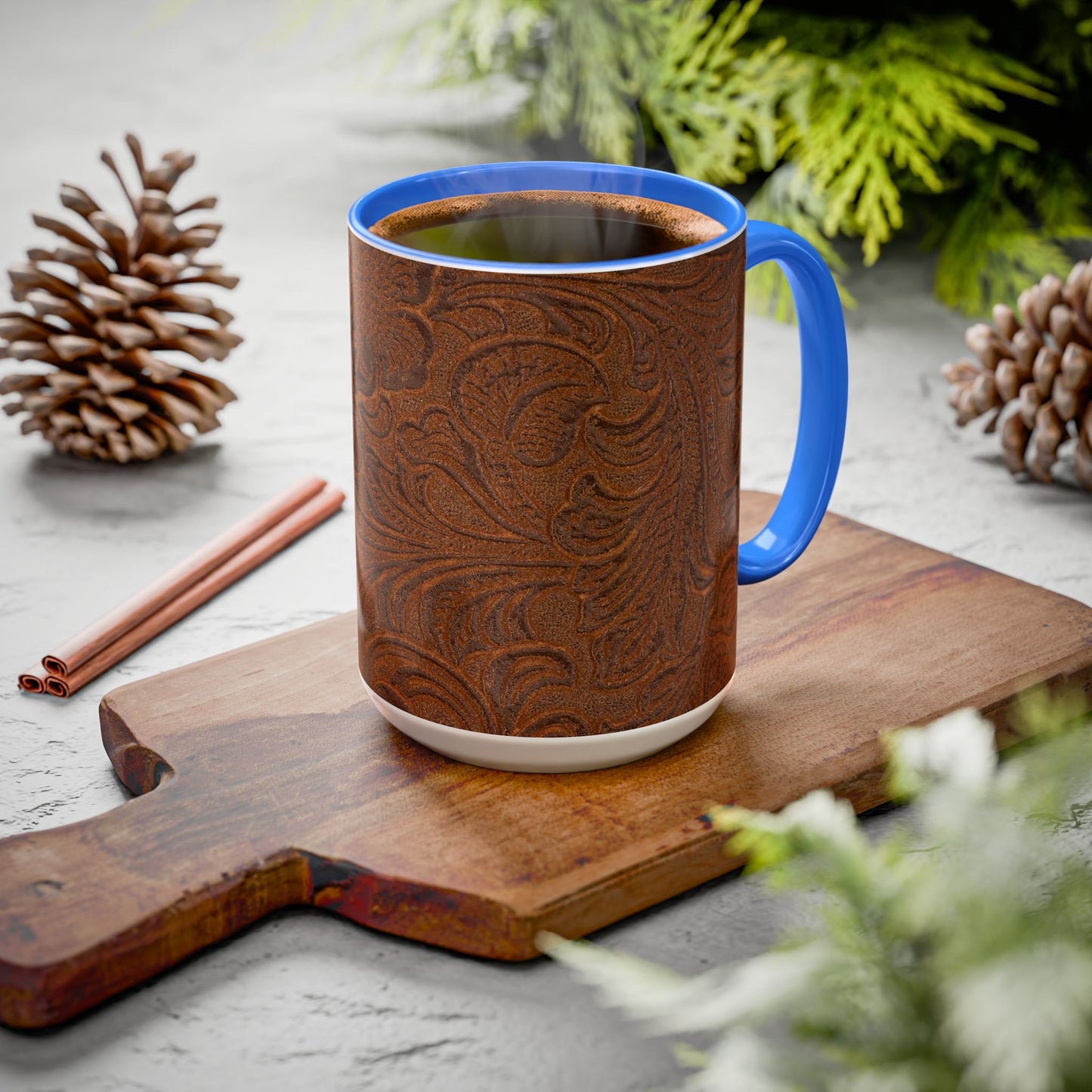 Rustic Tooled Leather Pattern Mug — Brown Western Floral Coffee Cup (11oz/15oz)