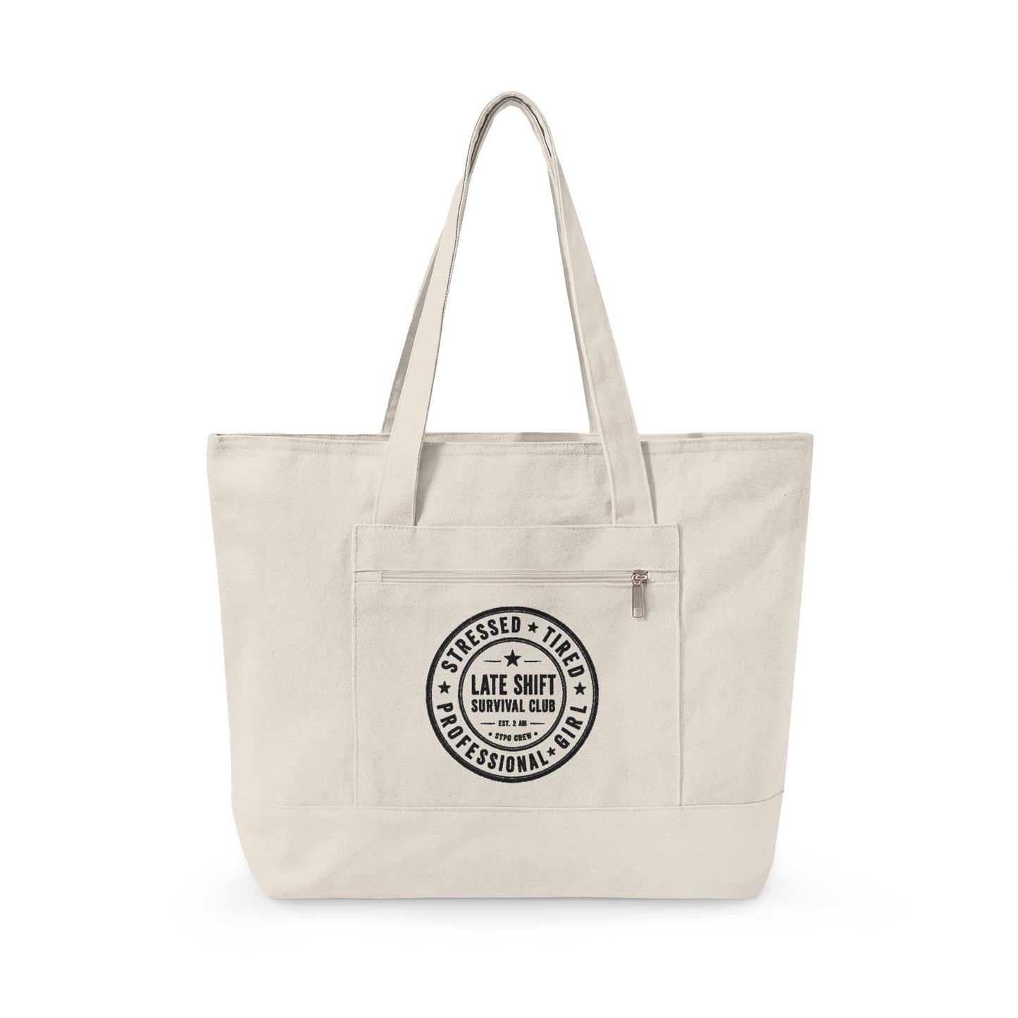 Canvas Tote Bag – 'Bakers Don’t Sleep' Zippered Market Tote with Bakery Seal Graphic