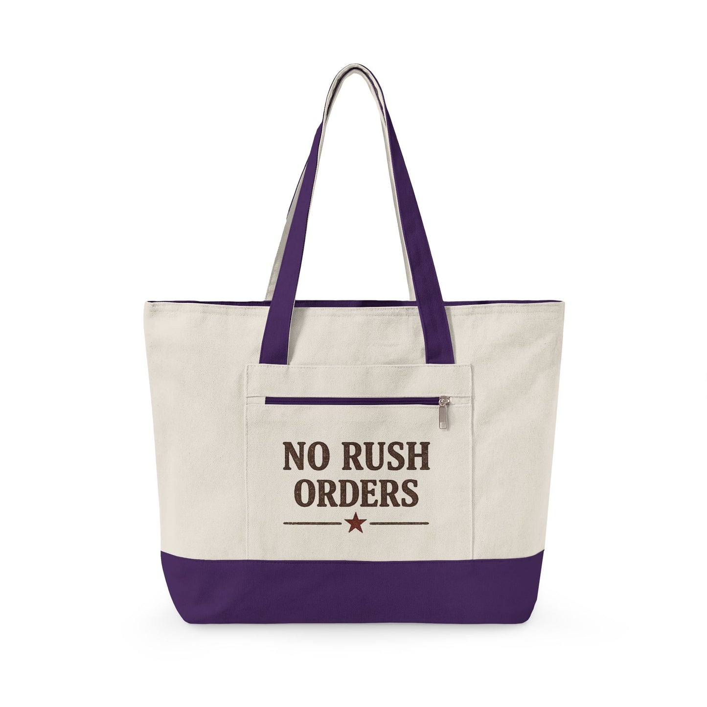Canvas Tote Bag — "NO RUSH ORDERS" Rustic Star Zippered Tote