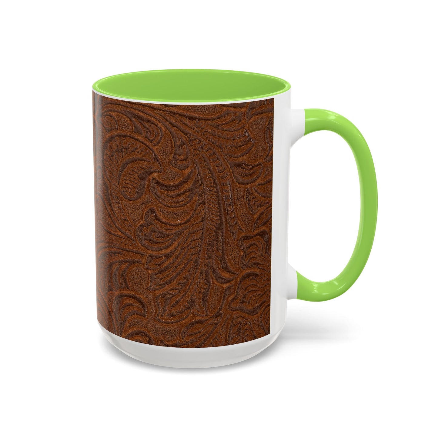 Rustic Tooled Leather Pattern Mug — Brown Western Floral Coffee Cup (11oz/15oz)