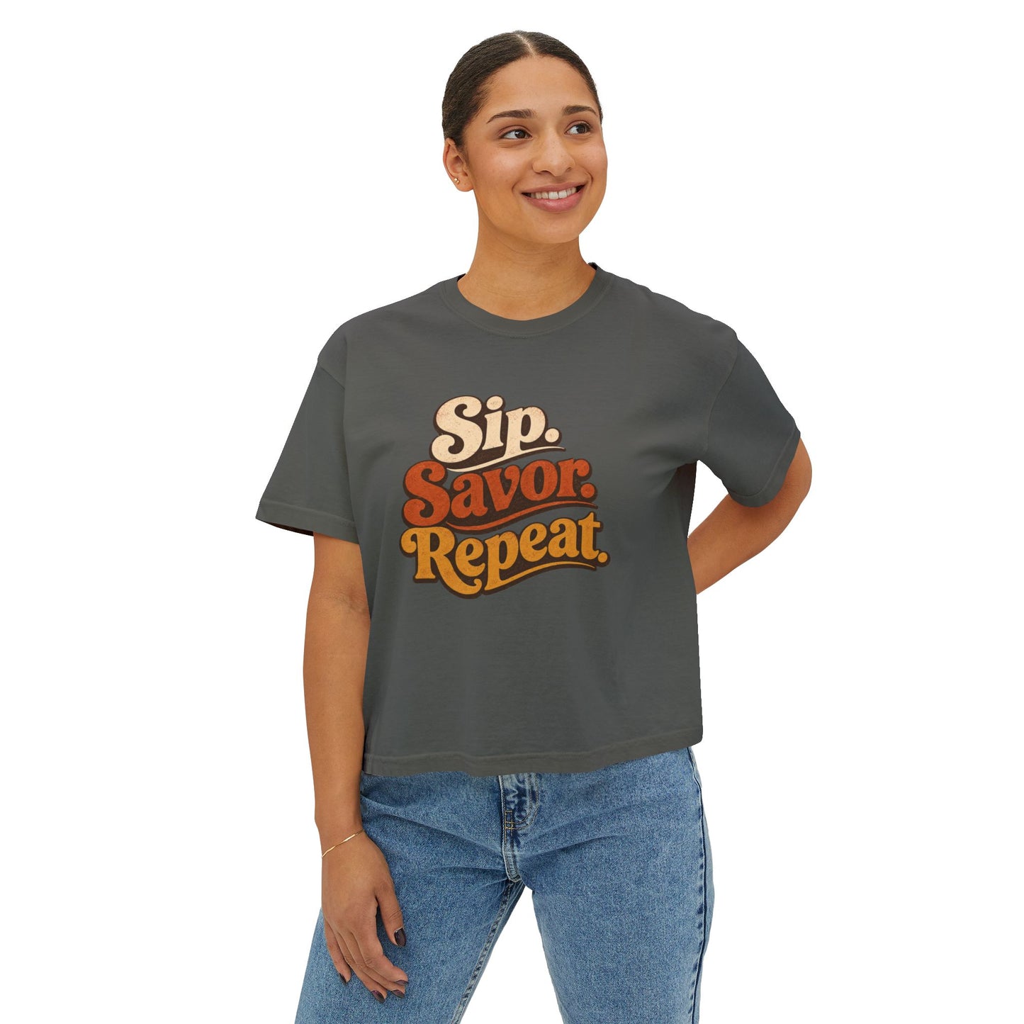 Sip Savor Repeat Boxy Tee | Retro Wine Lover Shirt | Texas Wine Country Tee