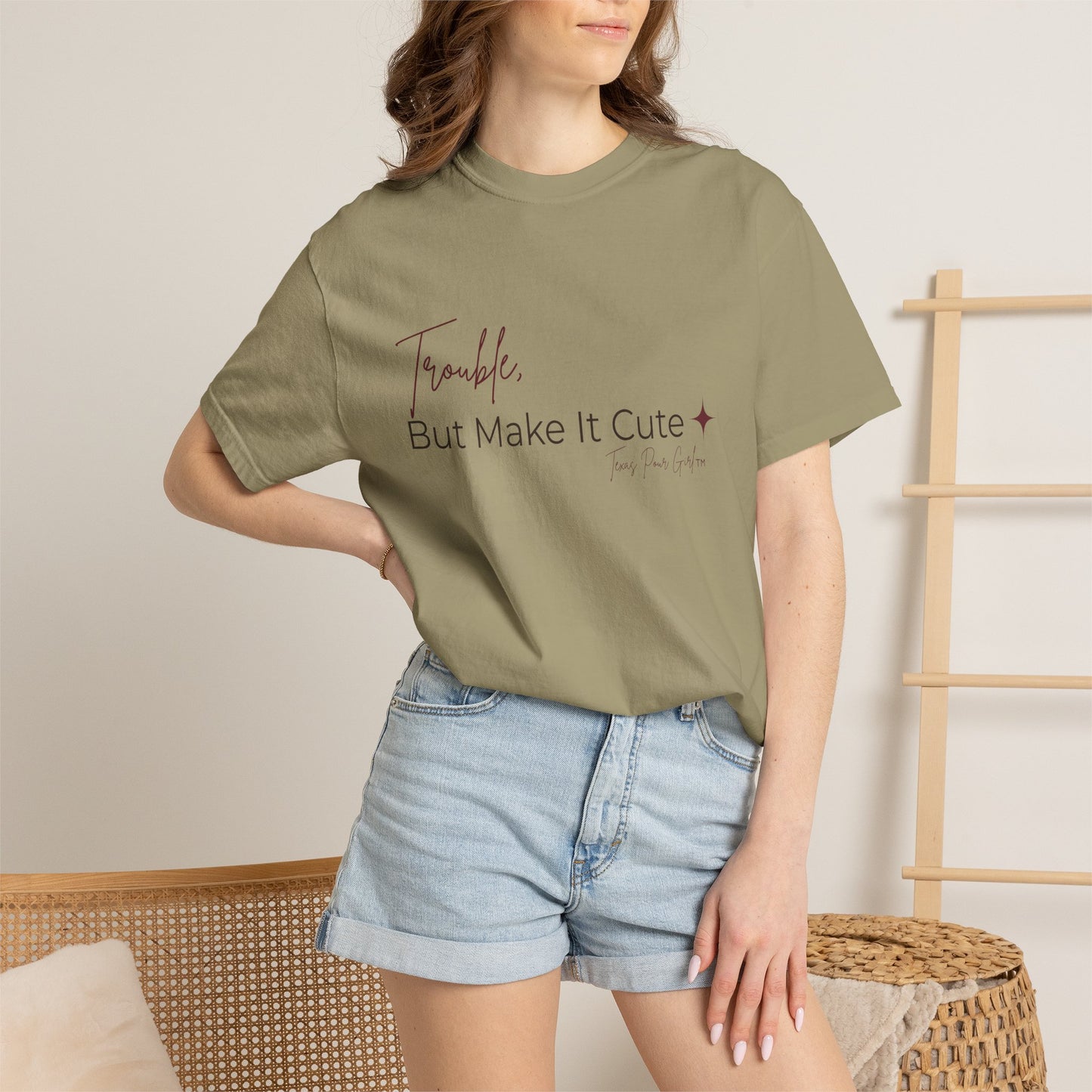 Trouble But Make It Cute Shirt | Cute Sassy Graphic Tee | Funny Women's T-Shirt Gift | Comfort Colors Script Tee