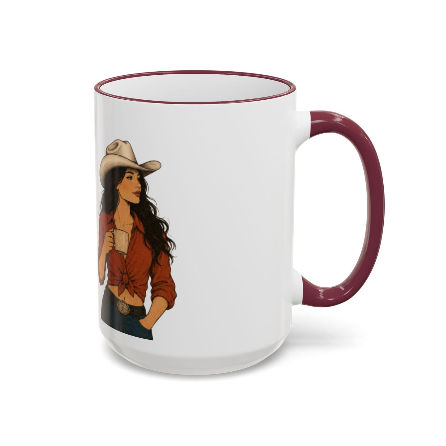 Cowgirl Coffee Mug — "May Contain: Coffee or Merlot" Accent Rim & Handle Mug