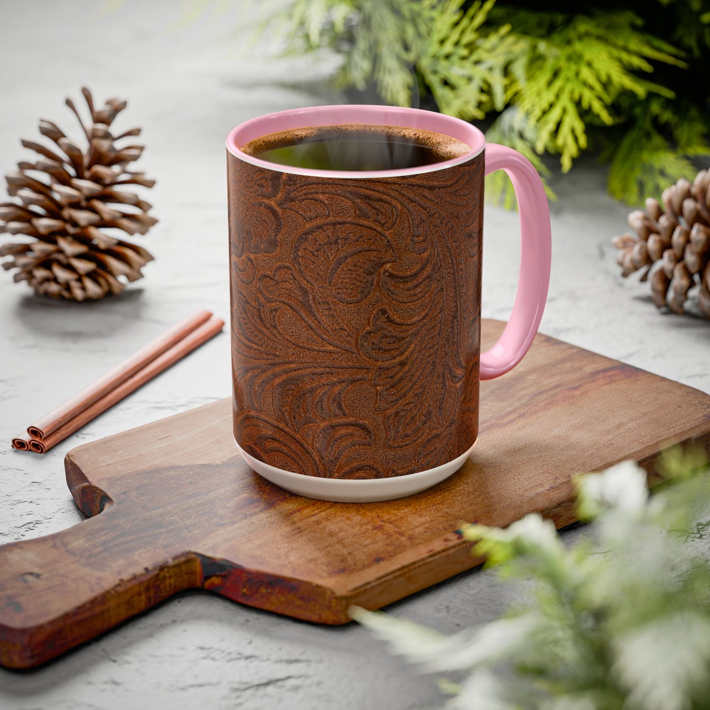 Rustic Tooled Leather Pattern Mug — Brown Western Floral Coffee Cup (11oz/15oz)