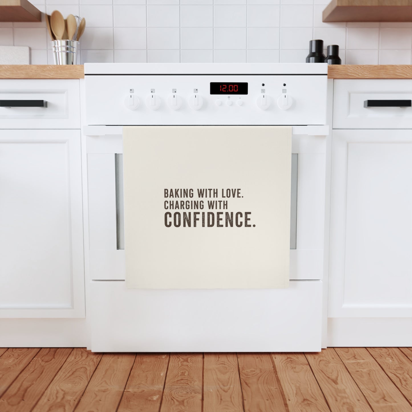 Tea Towel — "Baking with Love. Charging with Confidence." Cotton Kitchen Towel, Funny Baking Quote Gift for Bakers