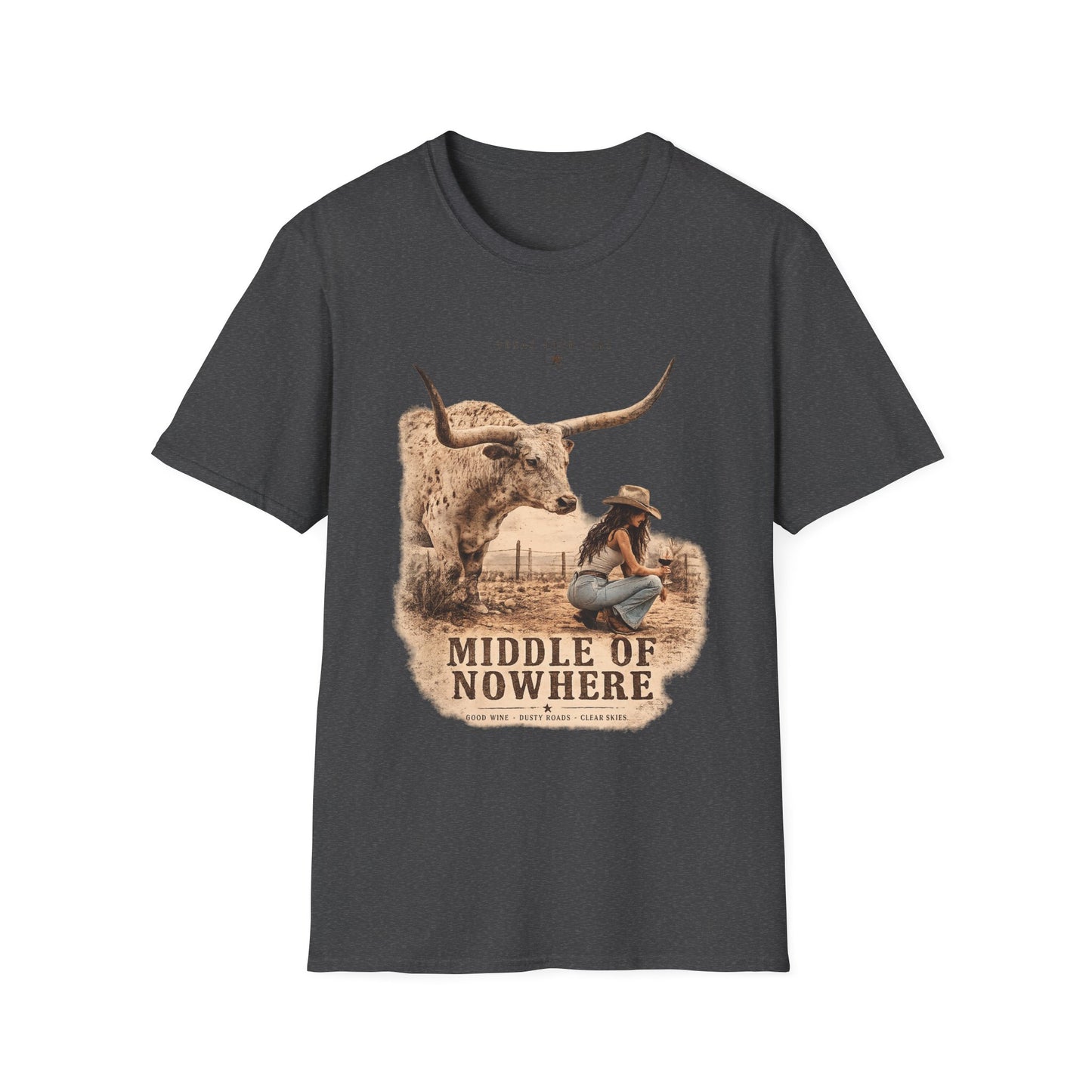 Middle of Nowhere Western T-Shirt — Vintage Longhorn & Cowgirl Graphic