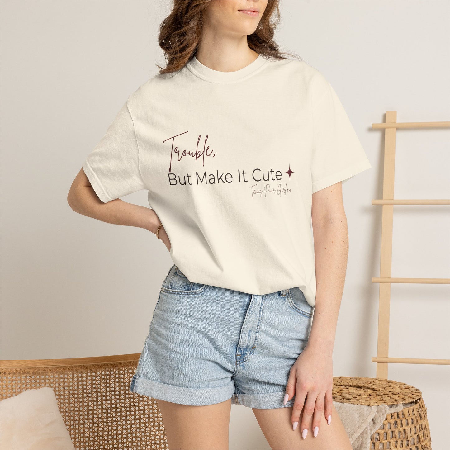 Trouble But Make It Cute Shirt | Cute Sassy Graphic Tee | Funny Women's T-Shirt Gift | Comfort Colors Script Tee