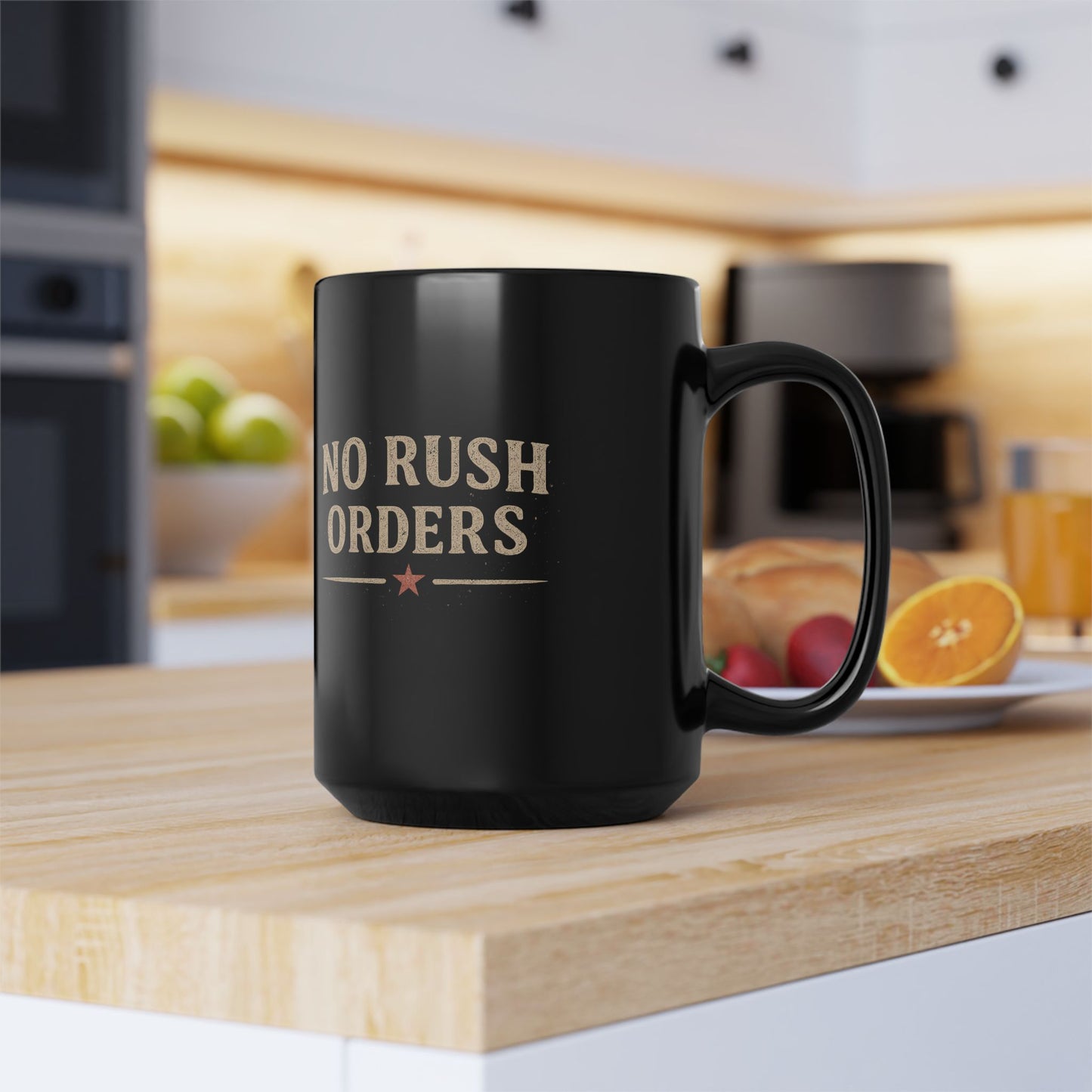 No Rush Orders Black 15oz Coffee Mug — Vintage Union Worker Design