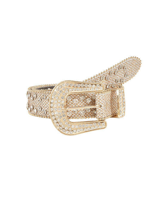 Vintage-inspired cowgirl belt with gold-tone finish and rhinestone bling—perfect for adding bold Western sparkle to your jeans.