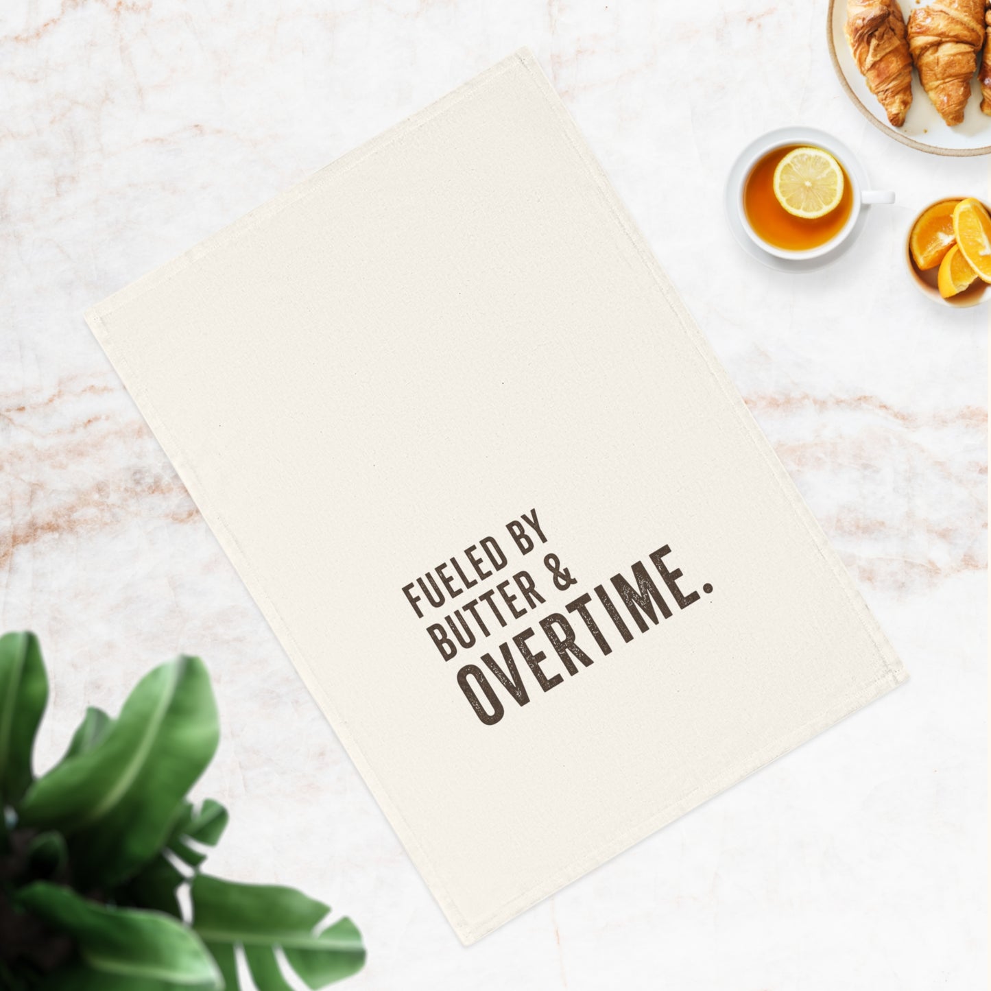 Tea Towel — "Fueled by Butter & Overtime." Kitchen Dish Towel, Funny Baker/Chef Gift