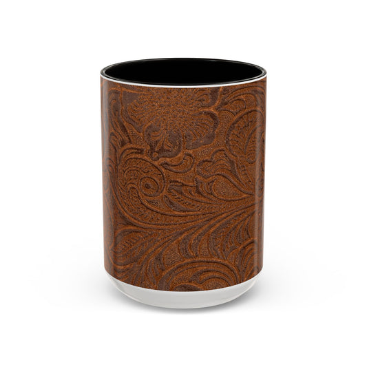 Rustic Tooled Leather Pattern Mug — Brown Western Floral Coffee Cup (11oz/15oz)