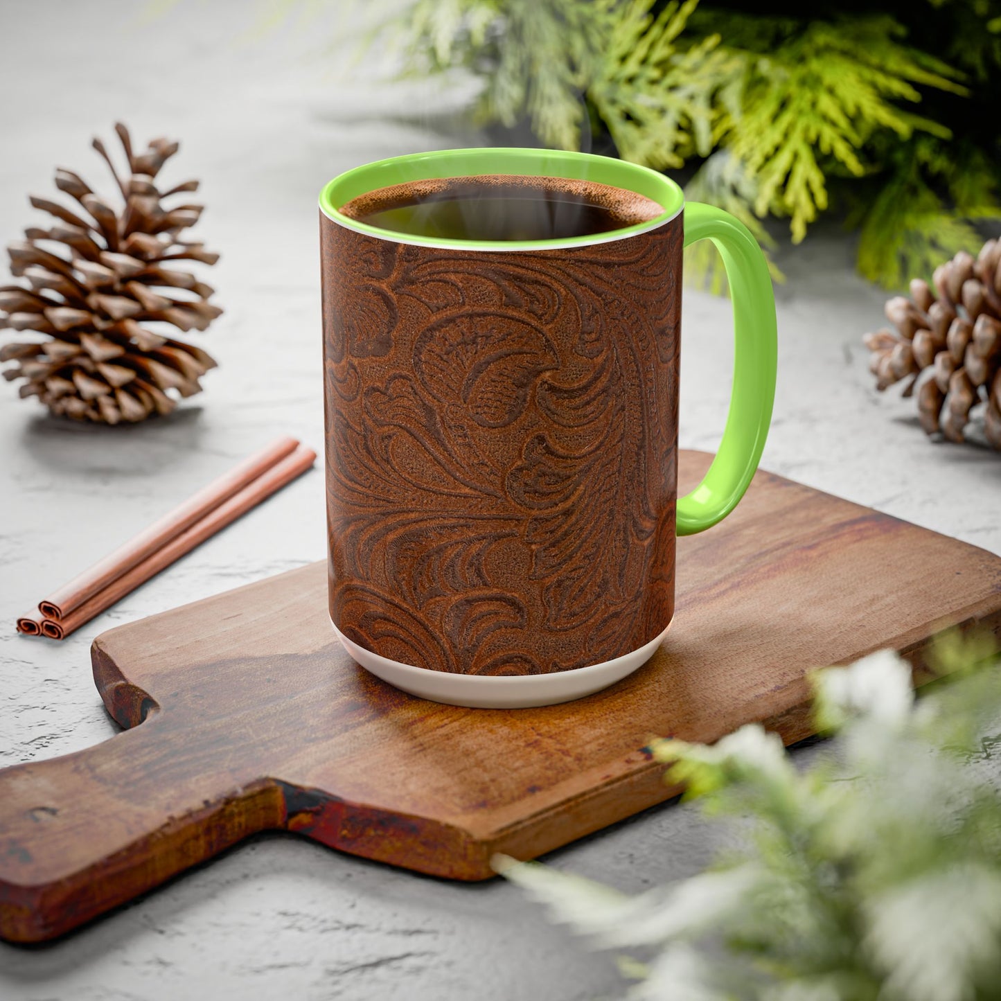 Rustic Tooled Leather Pattern Mug — Brown Western Floral Coffee Cup (11oz/15oz)