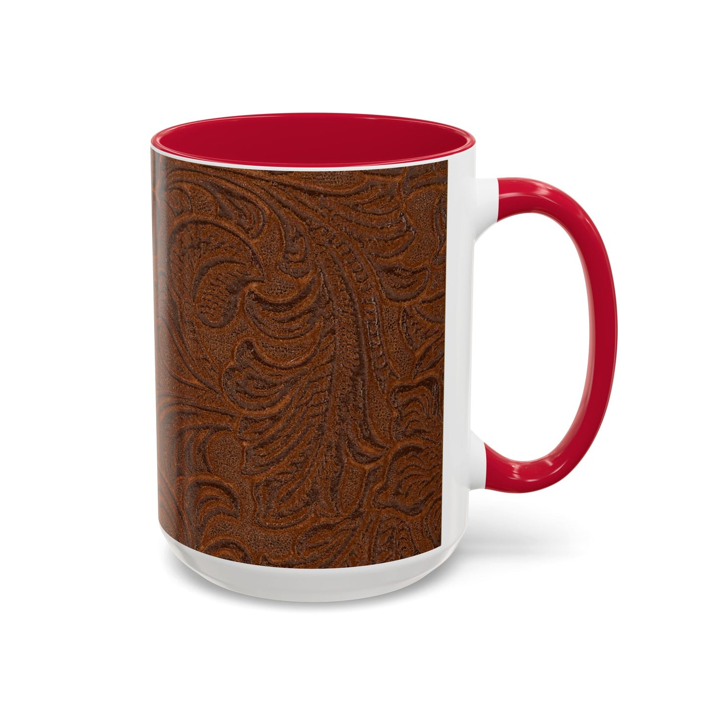 Rustic Tooled Leather Pattern Mug — Brown Western Floral Coffee Cup (11oz/15oz)