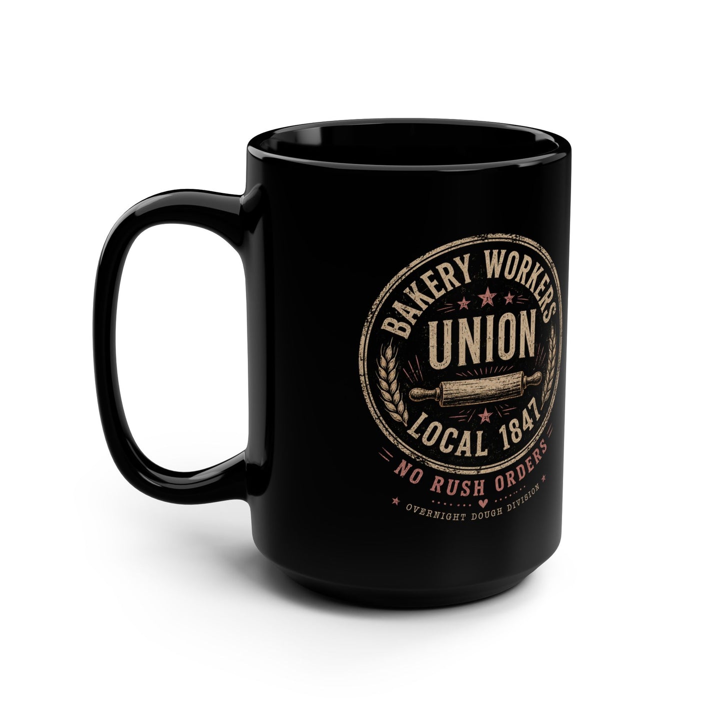 No Rush Orders Black 15oz Coffee Mug — Vintage Union Worker Design