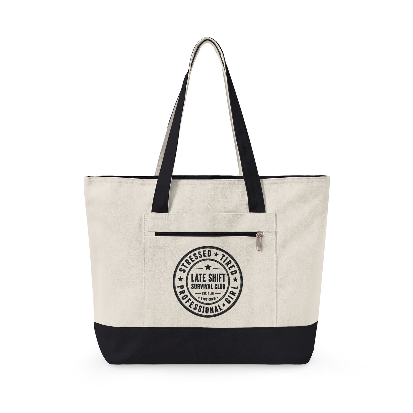 Canvas Tote Bag – 'Bakers Don’t Sleep' Zippered Market Tote with Bakery Seal Graphic
